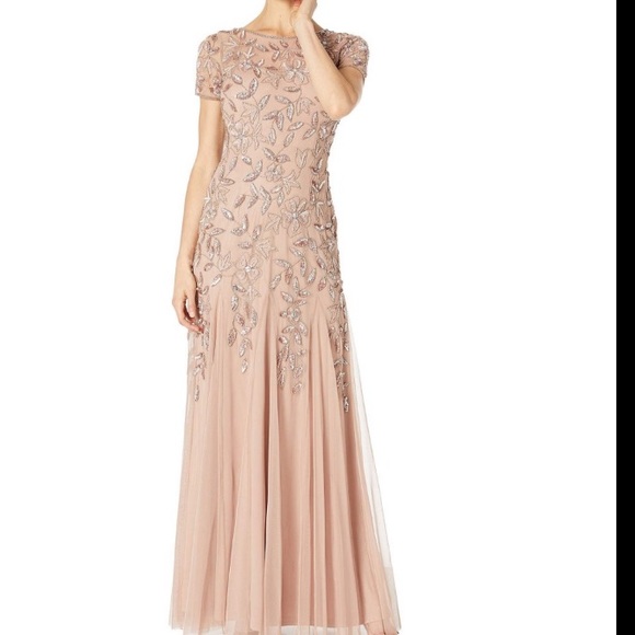 Adrianna Papell beaded short sleeve pink floral gown - Picture 12 of 15